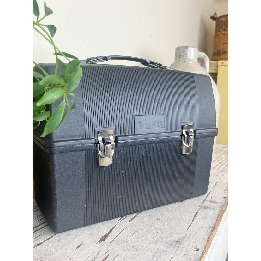 Vintage Thermos Brand Dark Gray Plastic Lunch Box & Thermos Holder USA Retro